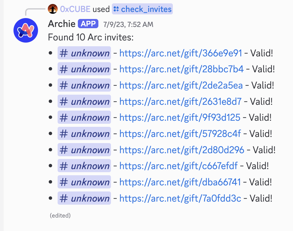 Archie reporting Arc invites
